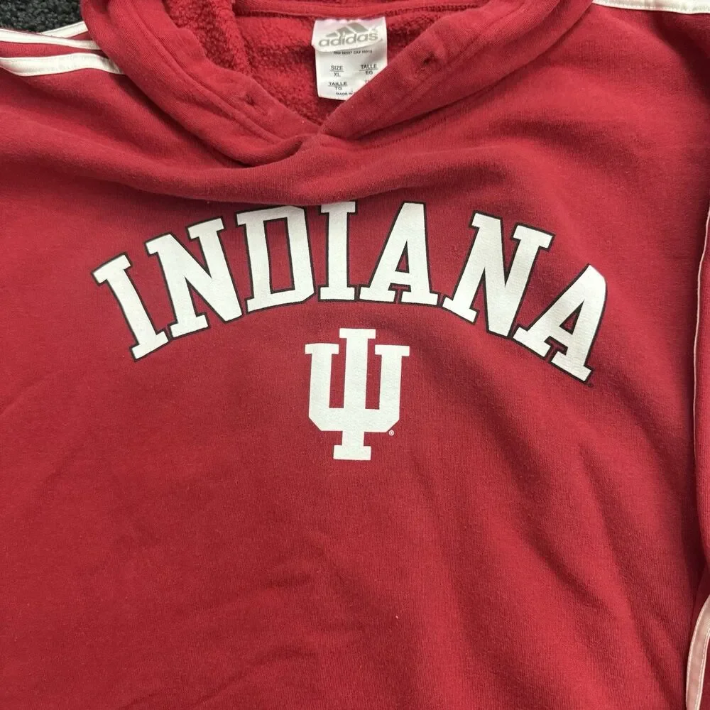 Vintage Indiana University Adidas Hoodie Mens XL Red White Stripes Center Logo
